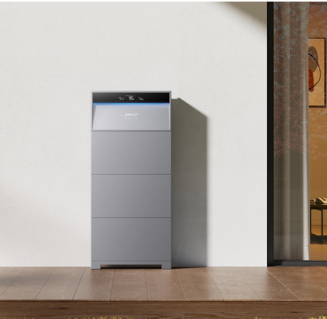 Anker SOLIX X1 battery stack against an interior wall
