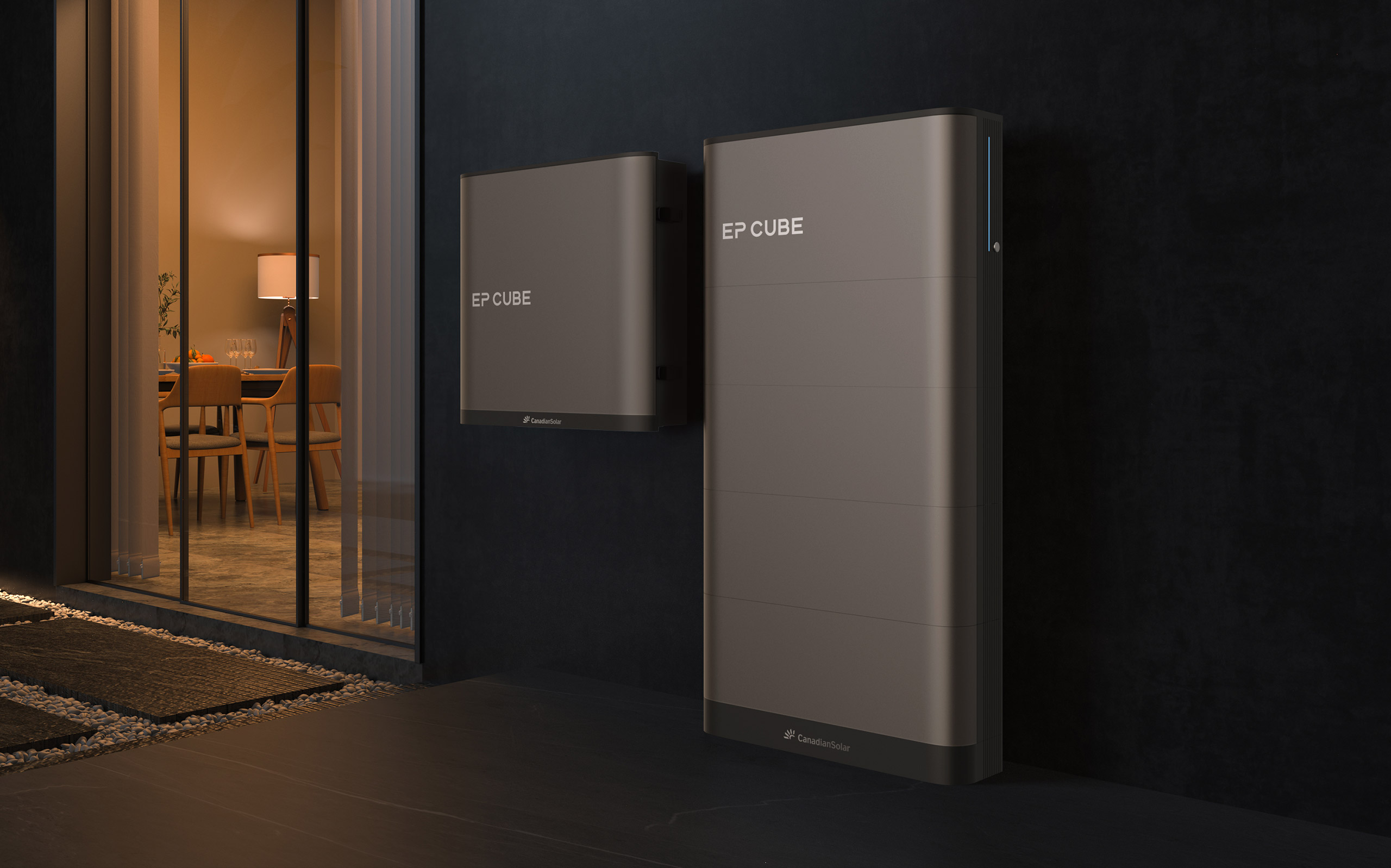 EP Cube battery stack and smart gateway beside a home